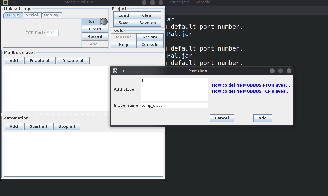 Установка ModbusPal и добавление нового устройства